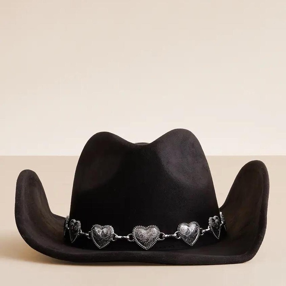 Buckle Black Cowboy Hat with Silver Heart Accents